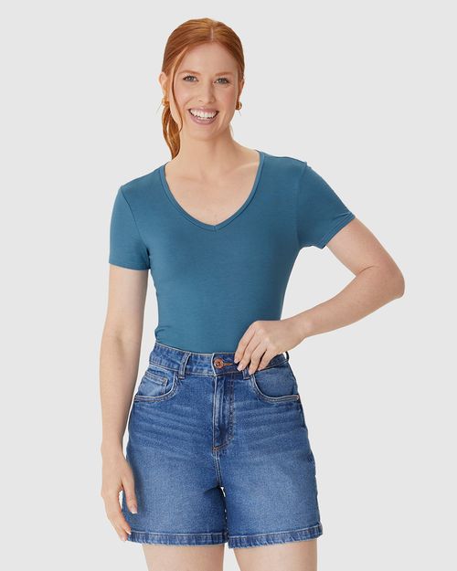 Blusa Básica Feminina Decote V Em Viscose Stretch