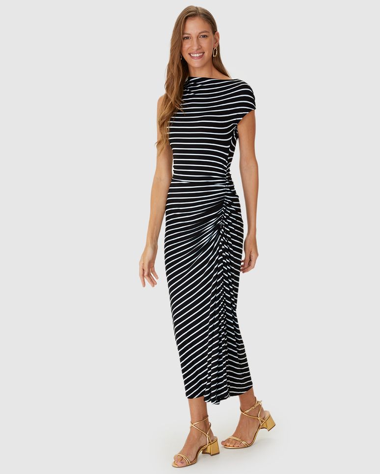 Vestido Midi Feminino Assimétrico Em Malha Viscose Listrada