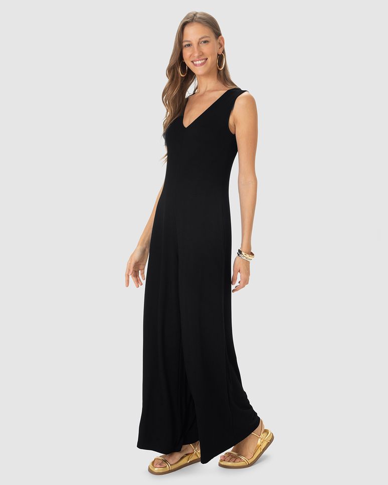 Macacão Feminino Pantalona Bolso Funcional Em Moletinho De Viscose