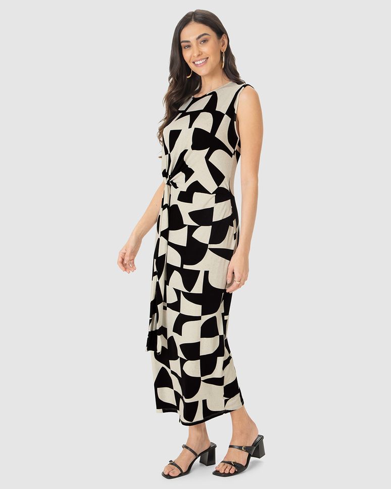 Vestido Midi Feminino Estampado Faixa E Nó Frontal Em Malha Viscolinho Stretch