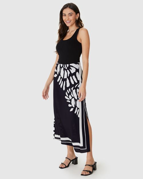 Saia Midi Feminina Estampada Fenda Lateral Em Viscose