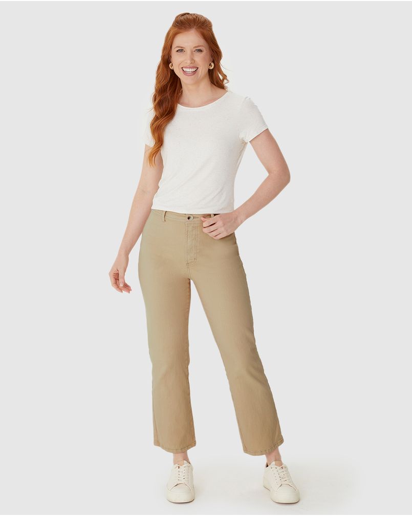 Calça Straight Cropped Feminina Bolso Funcional Em Sarja Com
