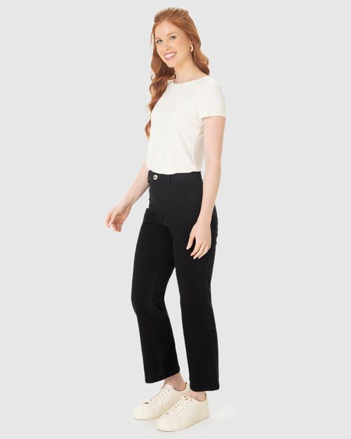 Calça Straight Cropped Feminina Bolso Funcional Em Sarja Com Elastano
