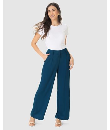 Calça Reta Feminina Bolso Faca Em Viscose Sarjada
