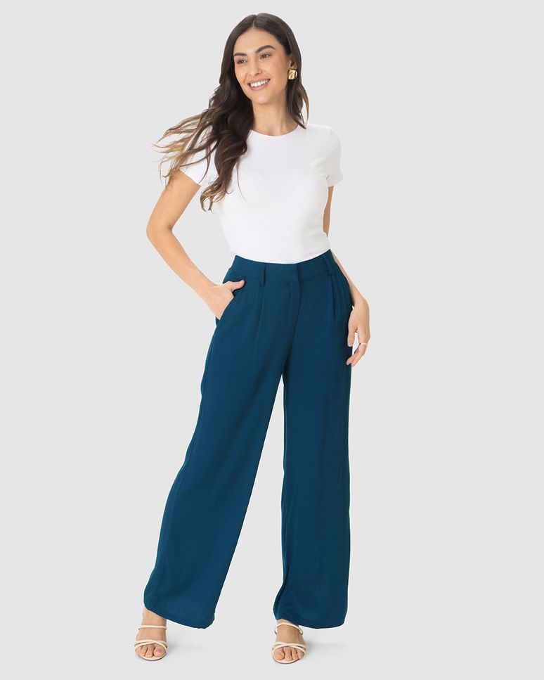 Calça Reta Feminina Bolso Faca Em Viscose Sarjada