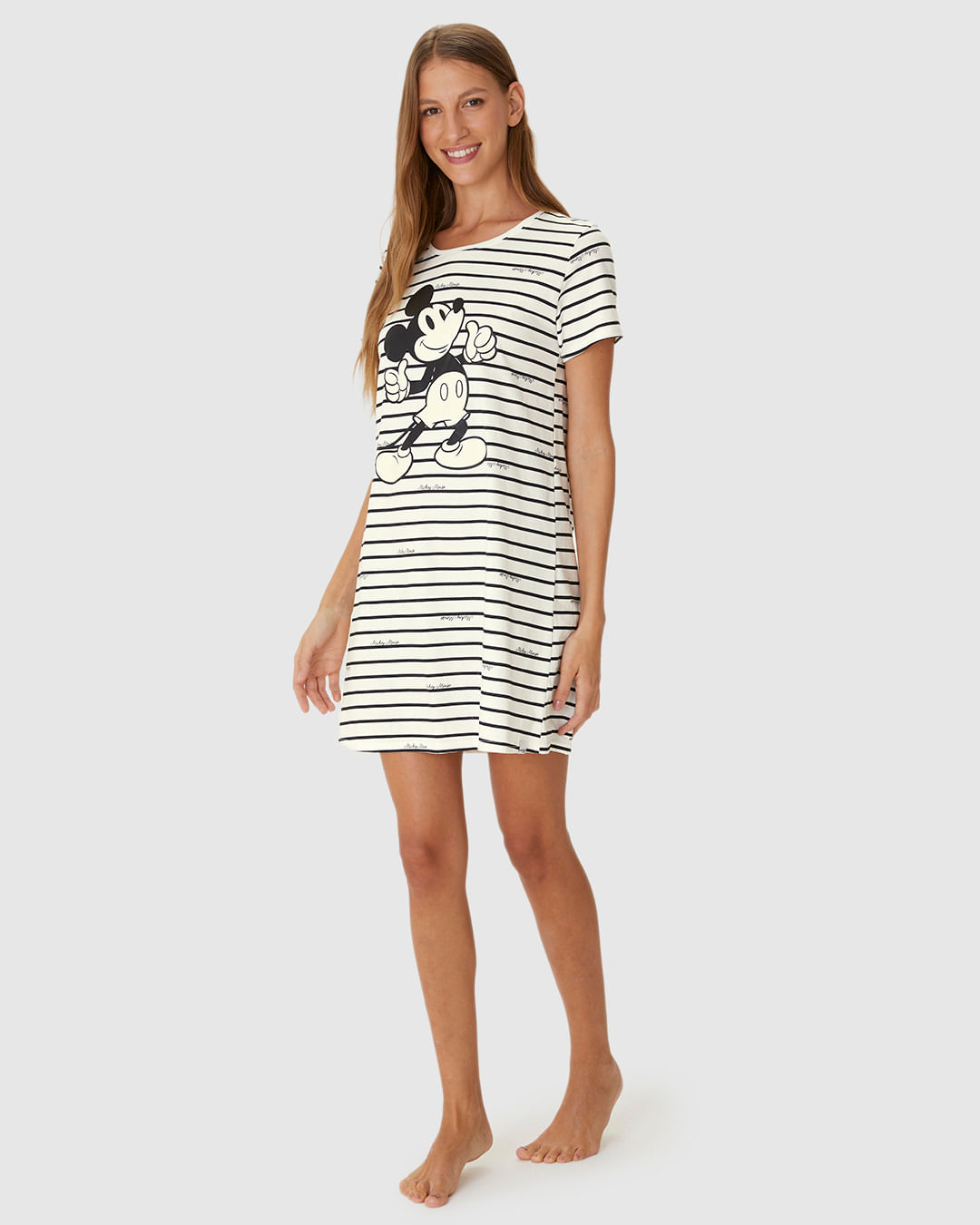 Camisola Feminina Mickey Estampa Listrada Em Malha Algodão OFF