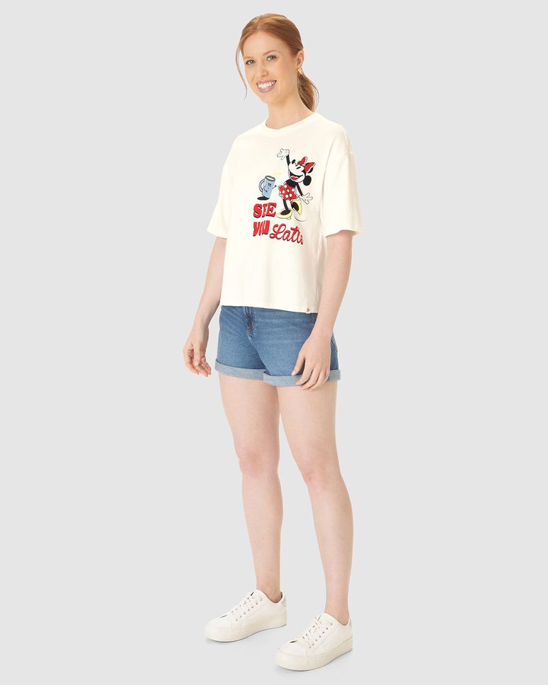 Camiseta Boxy Feminina Mickey See You Latte Em Algodão