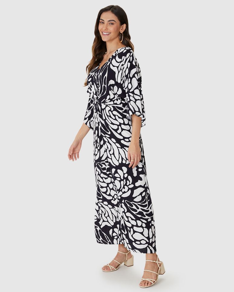 Vestido Midi Feminino Estampado Decote V Torção Frontal Em Viscose