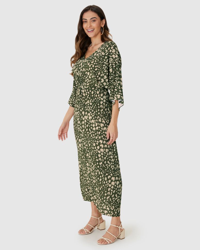 Vestido Midi Feminino Estampado Decote V Torção Frontal Em Viscose