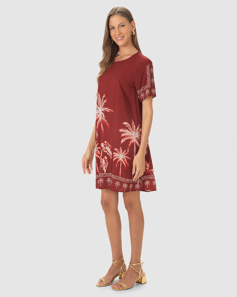 Vestido Feminino Reto Estampado Manga Curta Em Viscose