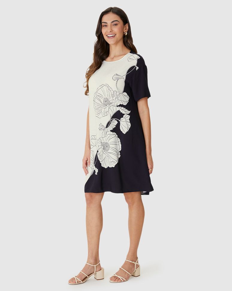 Vestido Feminino Reto Estampado Manga Curta Em Viscose