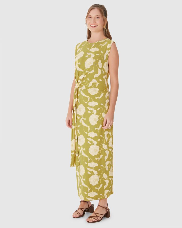 Vestido Midi Feminino Estampado Faixa E Nó Frontal Em Malha Viscolinho Stretch