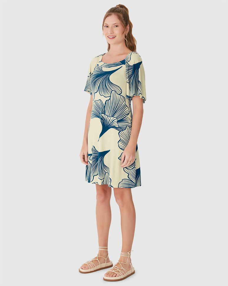 Vestido Feminino Floral Decote Reto Em Malha Viscolinho Stretch