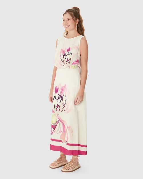 Saia Midi Feminina Estampada Fenda Lateral Em Viscose