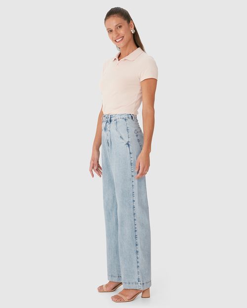 Calça Wide Leg Feminina Cintura Alta Em Jeans Leve 100% Algodão