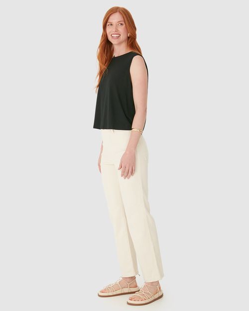 Calça Straight Cropped Feminina Bolso Funcional Em Sarja Com Elastano