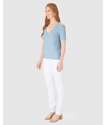 Blusa Básica Feminina Decote V Manga Curta Em Malha Linho