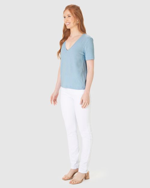 Blusa Básica Feminina Decote V Manga Curta Em Malha Linho