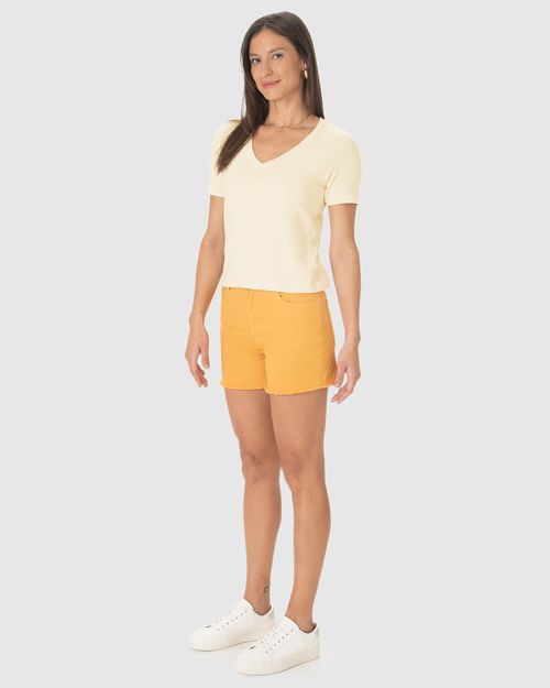 Blusa Básica Feminina Decote V Manga Curta Em Malha Linho