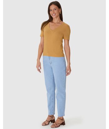 Blusa Básica Feminina Decote V Manga Curta Em Malha Linho