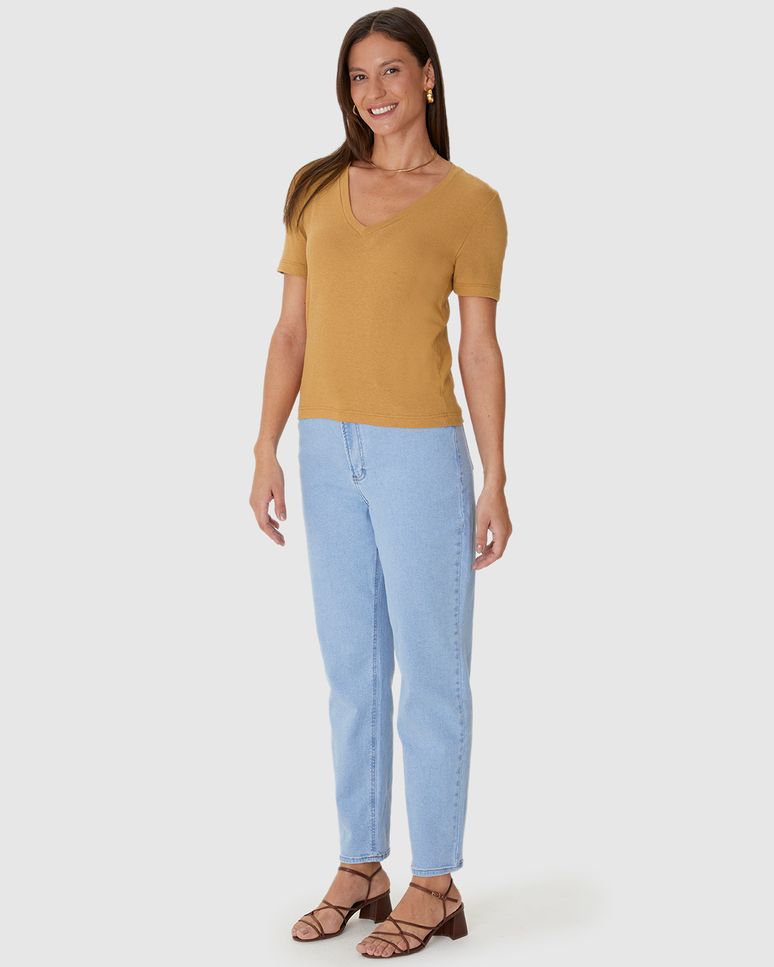 Blusa Básica Feminina Decote V Manga Curta Em Malha Linho
