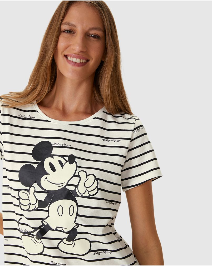 Camisola Feminina Mickey Estampa Listrada Em Malha Algodão OFF