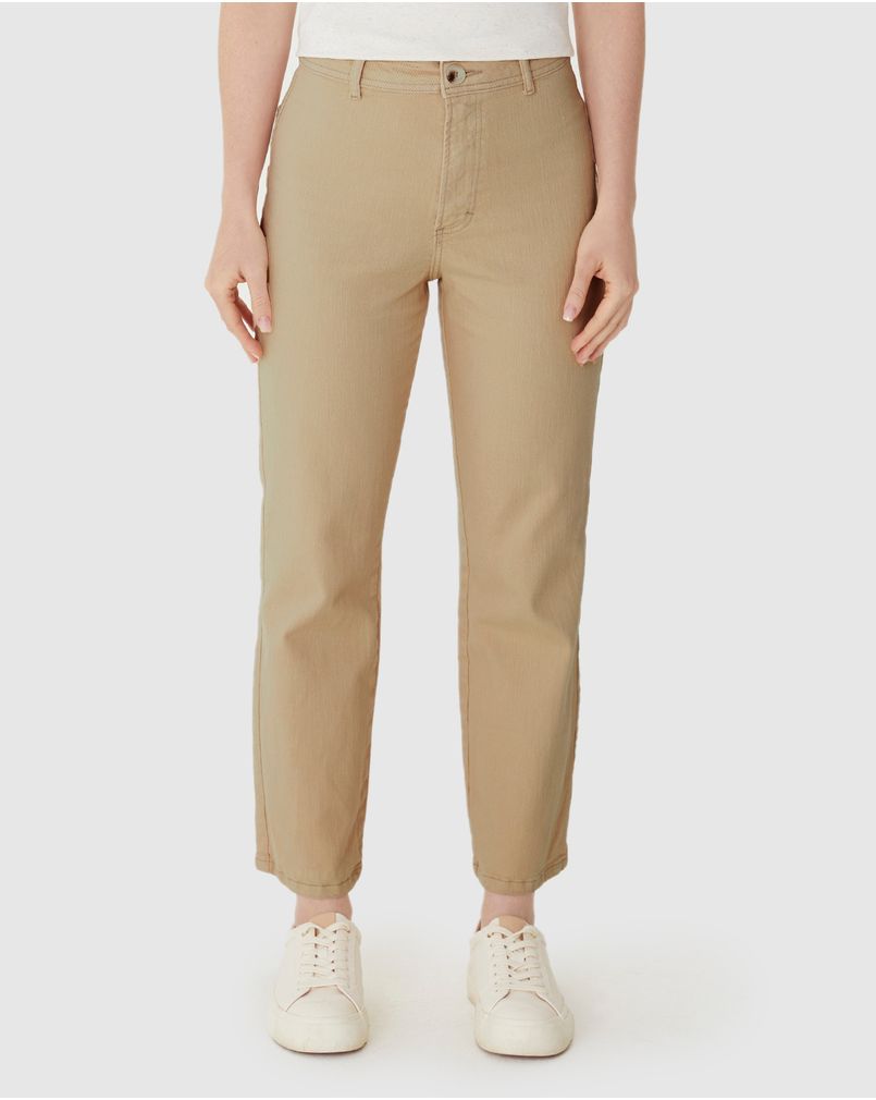 Calça Straight Cropped Feminina Bolso Funcional Em Sarja Com