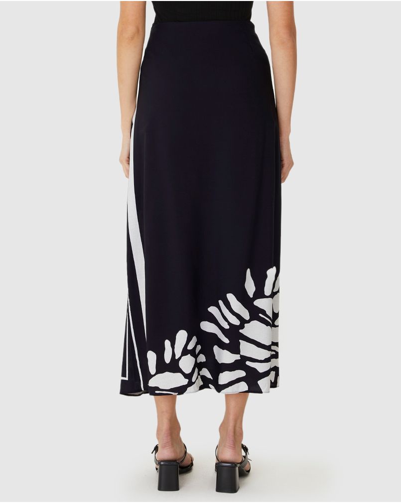 なつき Saia Midi Feminina Estampada Fenda Lateral Em Viscose PRETO - Malwee