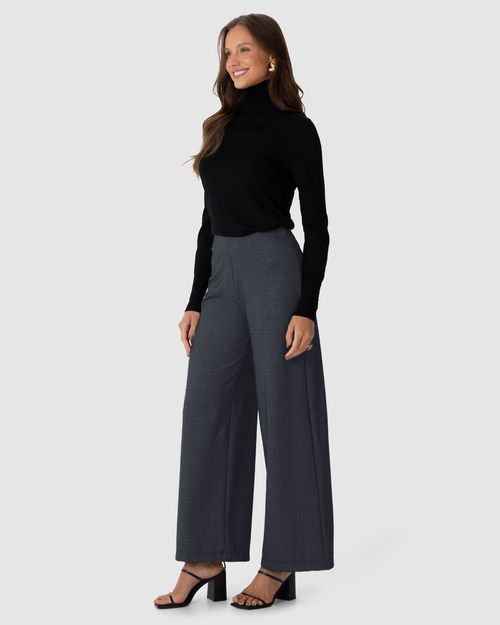 Calça Wide Leg Feminina Cintura Média Em Malha Jacquard