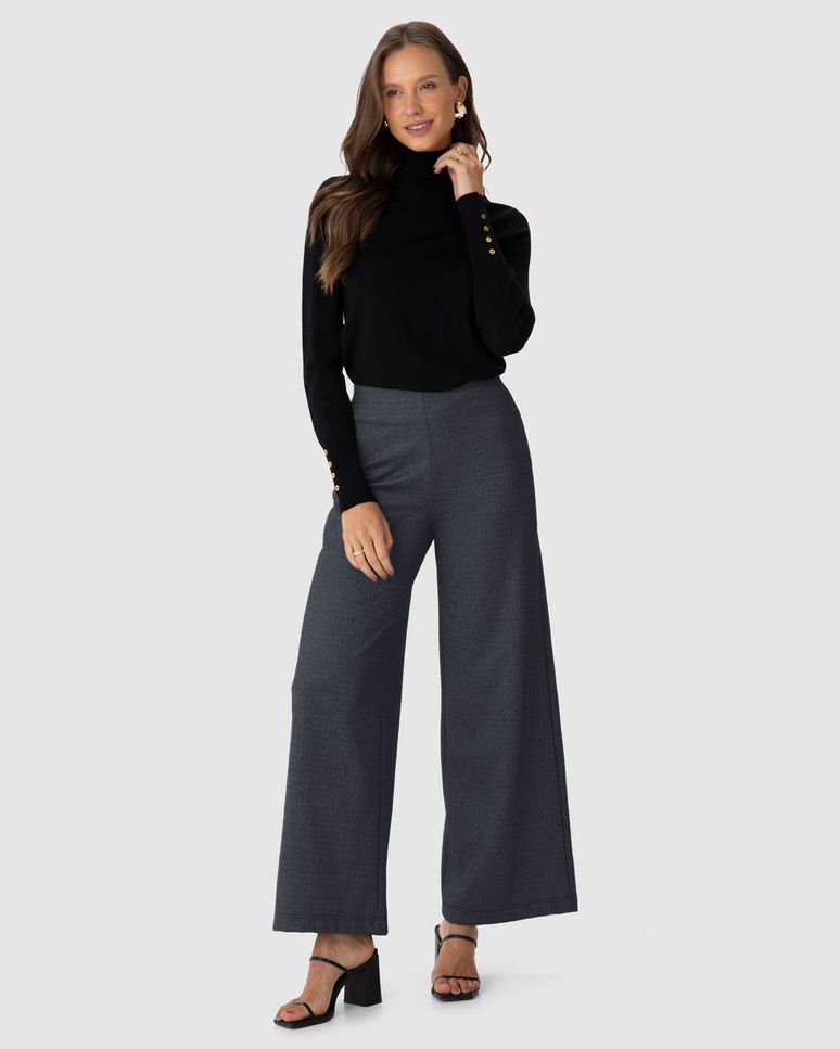 Calça Wide Leg Feminina Cintura Média Em Malha Jacquard