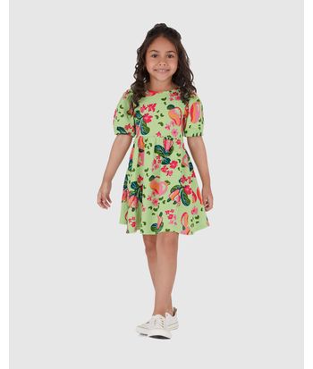 Vestido Infantil Estampa Frutas Costas Vazada Em Malha Texturizada Malwee Kids