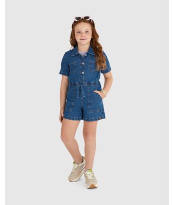 Macaquinho Infantil Menina Botões Frontais Em Jeans 100% Algodão Malwee Kids