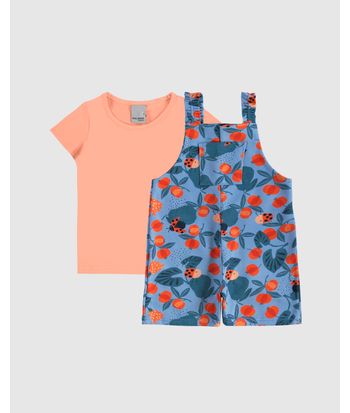 Conjunto Infantil Menina Blusa + Macaquinho Estampado Em Algodão Malwee Kids