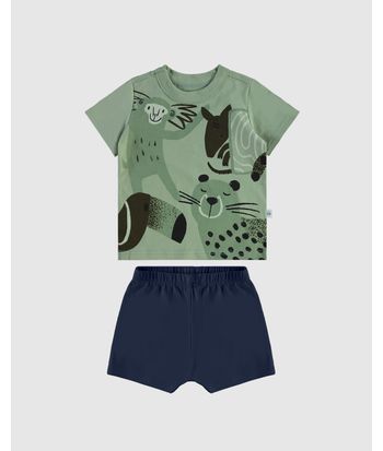 Conjunto Infantil Menino Camiseta Estampa Bichos Em Algodão Malwee Kids