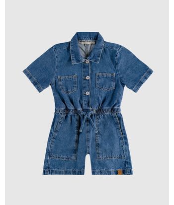 Macaquinho Infantil Menina Botões Frontais Em Jeans 100% Algodão Malwee Kids