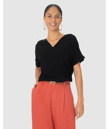 Blusa Feminina Decote V Manga Curta Dobrada Em Viscose