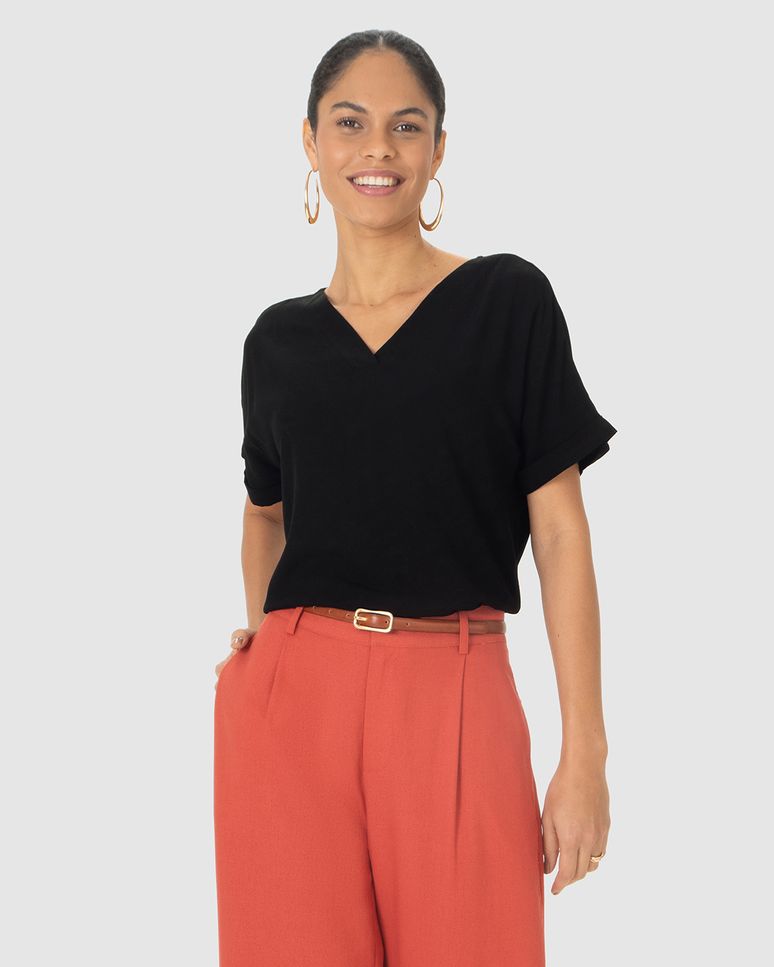 Blusa Feminina Decote V Manga Curta Dobrada Em Viscose