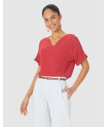 Blusa Feminina Decote V Manga Curta Dobrada Em Viscose