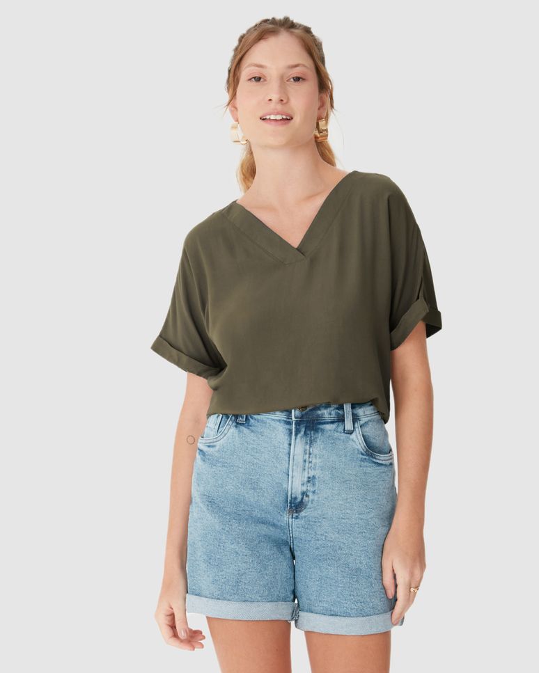 Blusa Feminina Decote V Manga Curta Dobrada Em Viscose