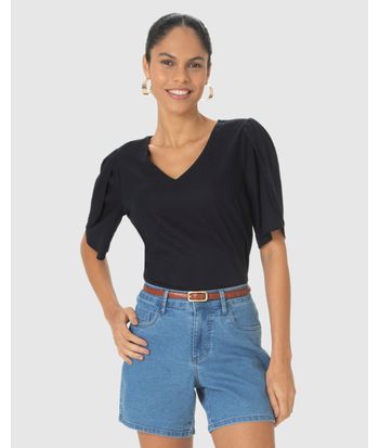 Blusa Box Feminina Decote V Fenda Lateral Em Viscolinho