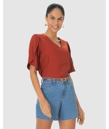 Blusa Box Feminina Decote V Fenda Lateral Em Viscolinho