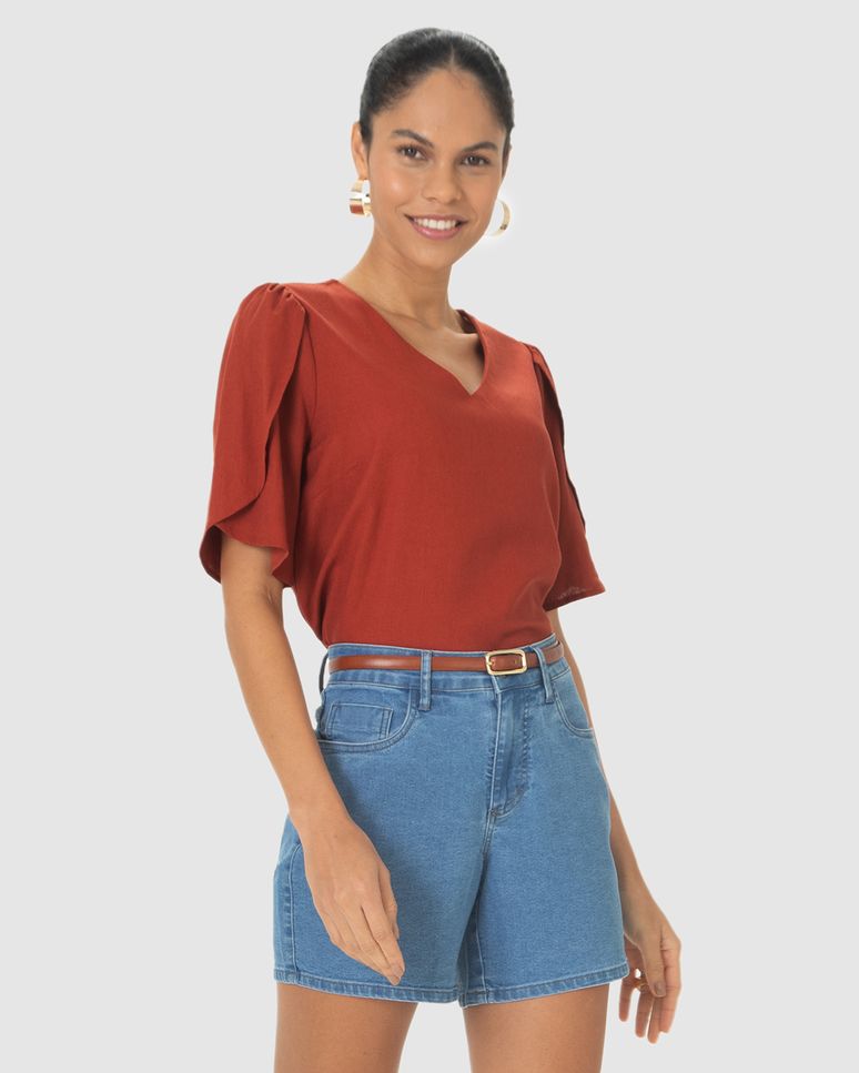 Blusa Box Feminina Decote V Fenda Lateral Em Viscolinho