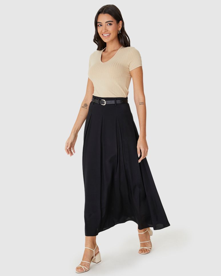 Saia Midi Feminina Evasê Com Cinto Em Liocel