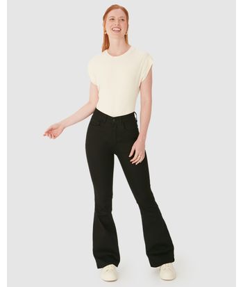 Calça Feminina Small Flare Cintura Alta Elástico Interno Em Sarja Stretch