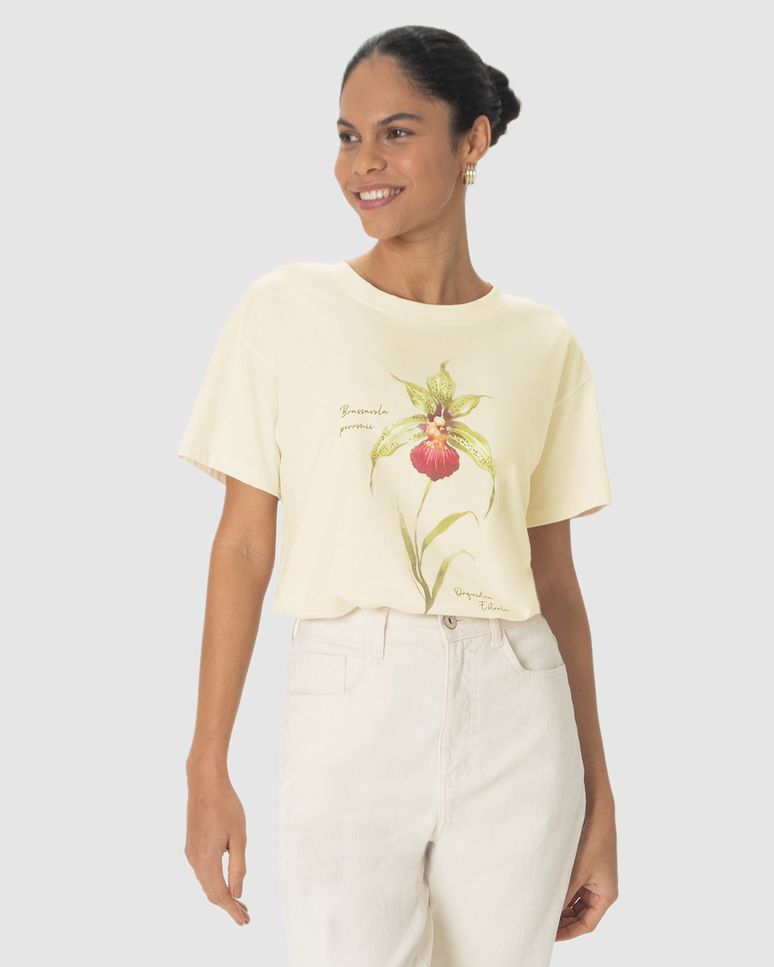 Camiseta Feminina Estampa Orquídea Estrela Em Algodão