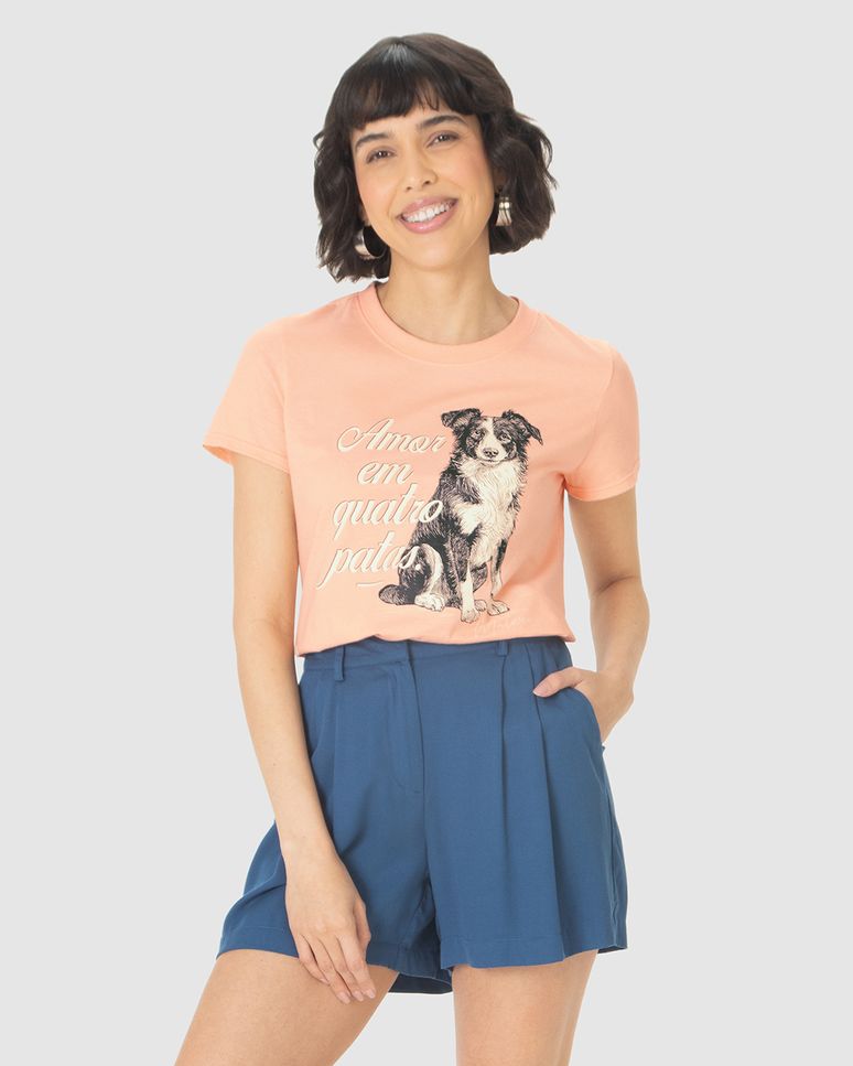 Camiseta Feminina Manga Curta Amor Em Quatro Patas Em Algodão