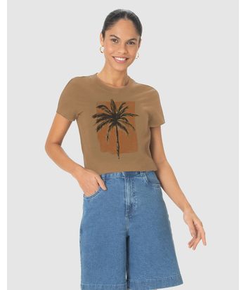 Camiseta Feminina Manga Curta Estampa Ilustrativa Coqueiro Em Algodão