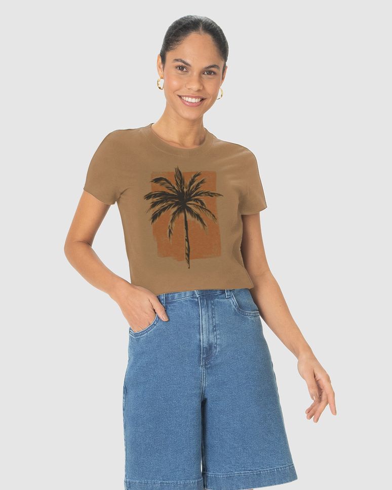 Camiseta Feminina Manga Curta Estampa Ilustrativa Coqueiro Em Algodão