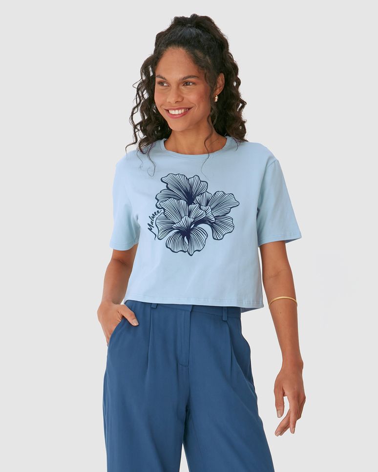 Camiseta Cropped Feminina Estampa Alto Relevo Flor Em Algodão