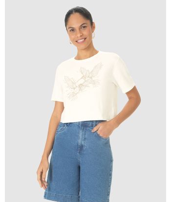 Camiseta Cropped Feminina Estampa Alto Relevo Pássaros Em Algodão